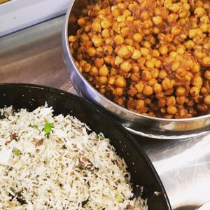 Pakastani Masuri Chana - caramalised onions and dark spices with freshly cooked chickpeas served with nicey spicy ricey! Supplied by Hygge Food at The Cran in Glasgow