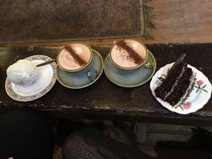 Vegan snowball, hot chocolates, chocolate and salted caramel cake at The Cran in Glasgow