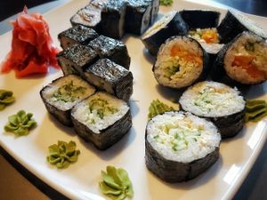 Vegan cucumber sushi, shitake sushi, and tofu & veg sushi. at ProSushi in Tver
