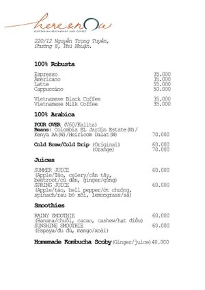 Current Menu as of Spring 2021 at Here & Now - Phu Nhuan in Ho Chi Minh City