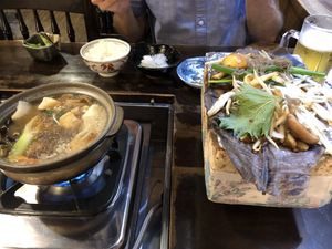 Vegetarian soup and vegetables grilled over leaf at Suzuya in Takayama