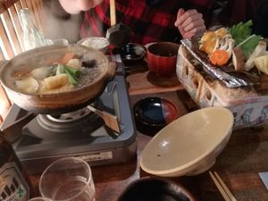 Hotpot and vegetables fried on leaf at Suzuya in Takayama