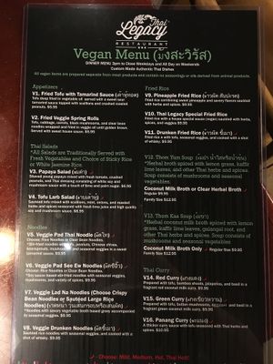 Vegan menu (front) at Thai Legacy in Brandon
