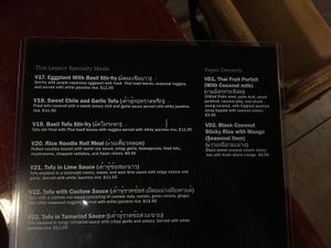 Vegan menu (back) at Thai Legacy in Brandon