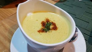 yellow soup. squash at Lun-Haw Vegan Cafe in Cebu
