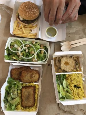 Green salad, vegan burger, tofish, sisig  at Lun-Haw Vegan Cafe in Cebu