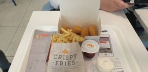 Vegan chicken nuggets, fries, bbq sauce and egg free mayi at MAX in Copenhagen