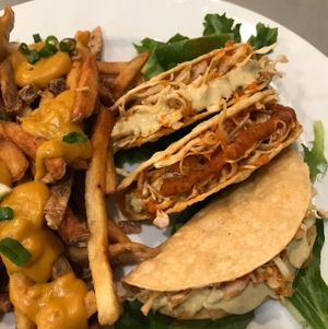 vegan tacos and cheeze fries  at Hearts Choices - NorthEast in Calgary