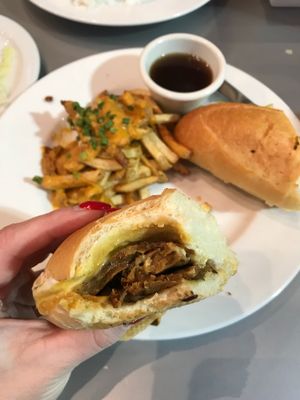 French dip sandwich with cheese fries at Hearts Choices - NorthEast in Calgary
