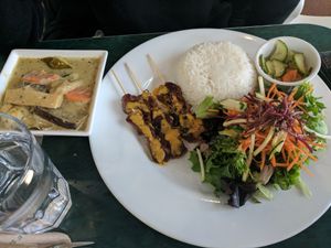 Green curry and skewers thai plate at Hearts Choices - NorthEast in Calgary