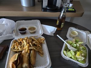 French dip with fries, gravy, side Caesar, and cream soda, all lovingly displayed in my holiday in hotel room lol at Hearts Choices - NorthEast in Calgary