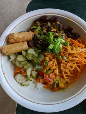 Special of the day - vegan satay chik'n with spring rolls at Hearts Choices - NorthEast in Calgary