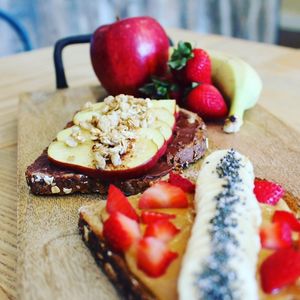 Breakfast Toast!  Your choice of almond butter, peanut butter or Justin's Hazelnut spread with toppings! at 3:8 Juice & Eatery in Milton