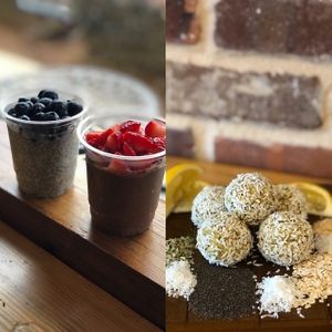 Chocolate & Lemon Chia Puddings and 4 kinds of energy bites made in house!  at 3:8 Juice & Eatery in Milton
