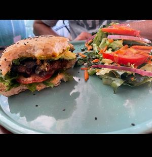Beyond meat Burger mit Salat (optional mit Fries) at Fresco Habito in Playa Del Carmen