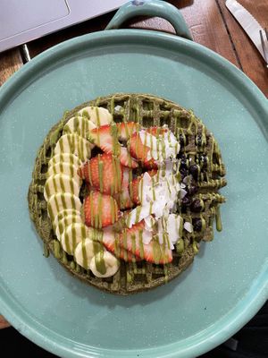 Matcha Waffles (without coco yogurt)  at Fresco Habito in Playa Del Carmen