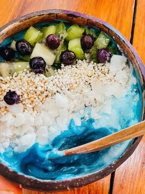 Blue spirulina bowl  at Fresco Habito in Playa Del Carmen