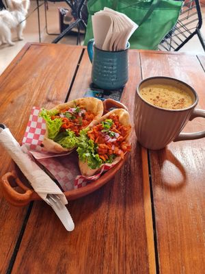 pastor pita + golden milk at Fresco Habito in Playa Del Carmen