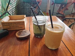 agua magic + spiced coffee at Fresco Habito in Playa Del Carmen