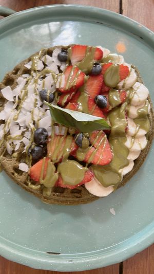 matcha waffles  at Fresco Habito in Playa Del Carmen