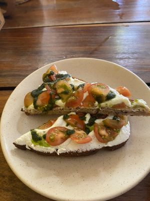 Pesto toast with their house made cheesee  at Fresco Habito in Playa Del Carmen