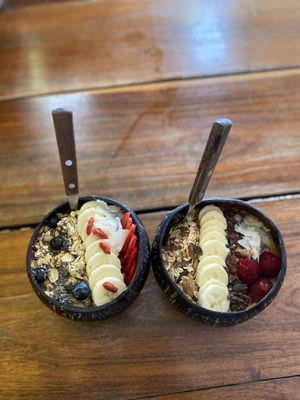 On the right is the peanut butter cacao bowl  at Fresco Habito in Playa Del Carmen