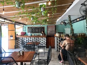 Inside. Open air. No A/C, but fans.  at Fresco Habito in Playa Del Carmen