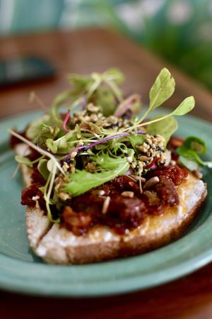Almond and dried tomatoes toast  at Fresco Habito in Playa Del Carmen