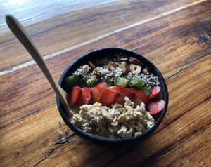 Mango smoothie bowl 100 pesos at Fresco Habito in Playa Del Carmen