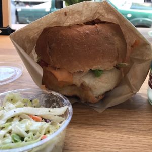 Crispy chicken sandwich all vegan tho at Vegan Picnic in San Francisco
