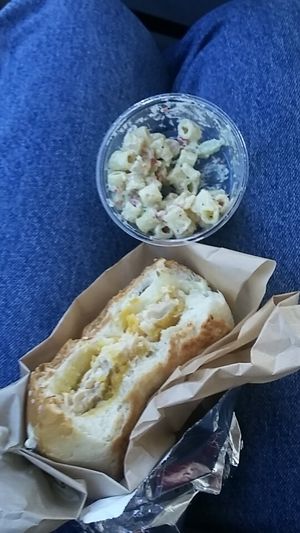 Fish fillet and macaroni salad. at Vegan Picnic in San Francisco