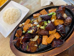Eggplant tofu with rice at Loving Heart in Clermont
