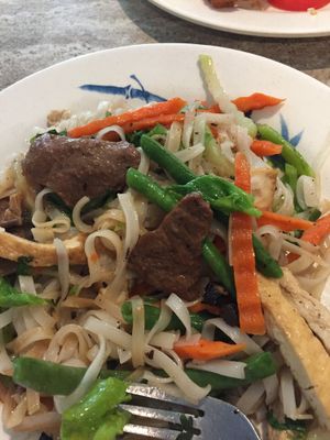 Saintly Stir fry with rice noodles at Loving Heart in Clermont