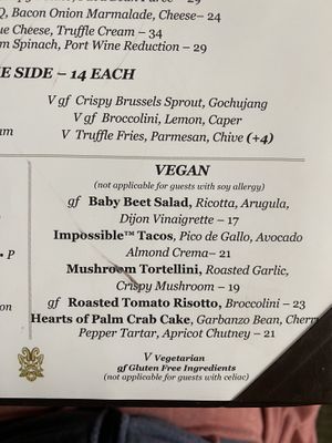 Vegan menu   at Wynn Hotel - La Cave in Las Vegas