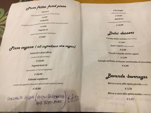 Vegan menu section at Sciue Sciue in Florence