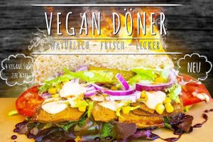 Ad for vegan doner with four different sauces at Bermuda Doner - Kortumstr in Bochum