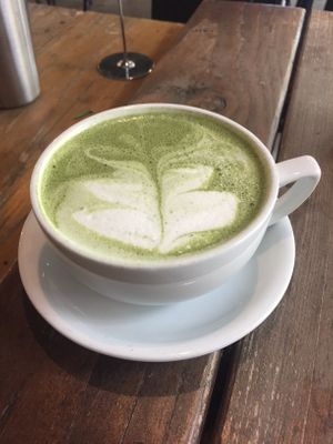 Matcha Latte with Cashew Milk. Non-sweetened, but was great with the sweetness of the waffle. at Harvest Cafe in Ventura