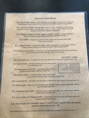 Menu w/ ingredients, as of 2019-06-11 at Harvest Cafe in Ventura