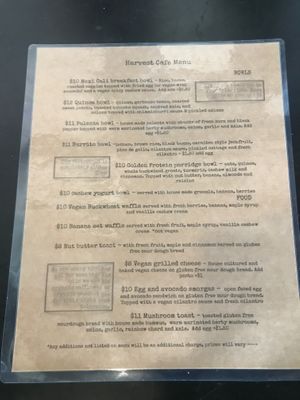 Menu w/ ingredients, as of 2019-06-11 at Harvest Cafe in Ventura