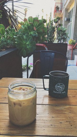 Iced latte and black coffee at Harvest Cafe in Ventura