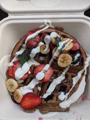 Vegan Buckwheat Waffle. So sweet. 🍭 at Harvest Cafe in Ventura