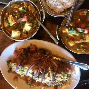 Tofu saag, samosa chaat, and cauli pea & potato curry at Taste of the Himalayas in Sausalito