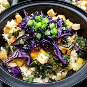 Lime Mango Tofu Bow with Coconut Rice at Energy Shack Juice Bar in Scarborough