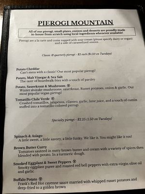 One page of the menu  at Pierogi Mountain in Columbus