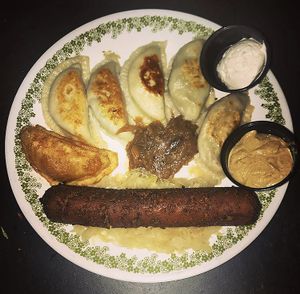 Vegan Pierogi + Sausage!  at Pierogi Mountain in Columbus