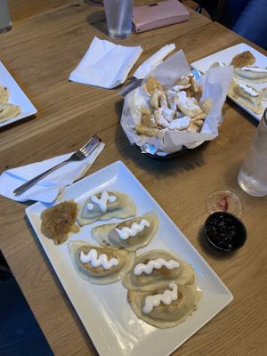 The vegan sauerkraut and mushroom pierogis and funnel cake bites. at Pierogi Mountain in Columbus