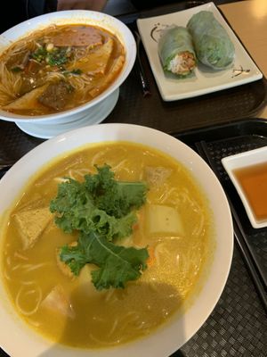 Vegan bun bo hue, curry noodle soup, & lemongrass chicken salad roll at Tina Vietnamese Cuisine (V-Cafe) in New Westminster