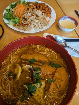 Lemongrass chick-un rice plate, spicy vegan pho at Tina Vietnamese Cuisine (V-Cafe) in New Westminster