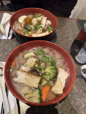 Vegan pho (close) and spicy vegan pho (far)  at Tina Vietnamese Cuisine (V-Cafe) in New Westminster