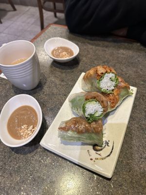 Ginger chicken salad roll (near) and lemongrass chicken salad roll (far) - both vegan with peanut sauce   at Tina Vietnamese Cuisine (V-Cafe) in New Westminster